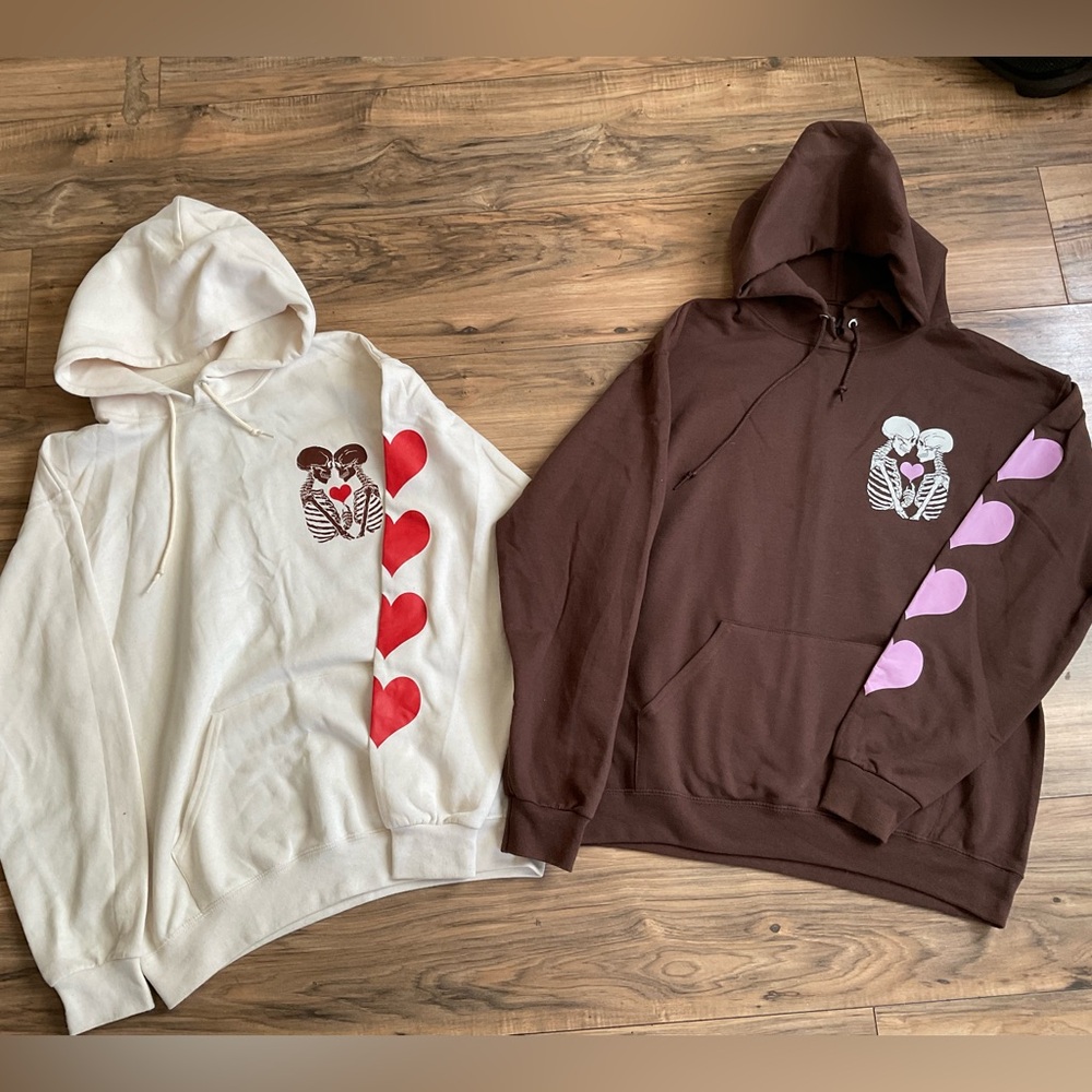 Two Hoodies for him and for her with Heart and Skeleton Designs